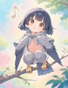 木の上で歌う小さな翼の少女