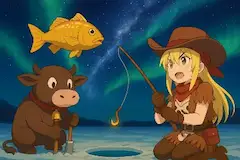 伝説の黄金のたい焼きを釣ろうとしたが魚が空を飛んでいて不意を突かれたカウガールの少女と友達の牛