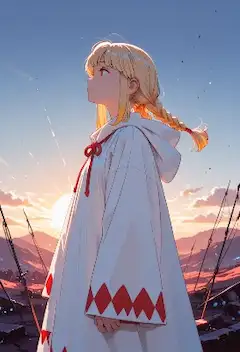廃墟の夕陽に立つ白きマントの少女