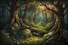 AIの餌を手描きした上で生成した画像　ファンタジー風の果樹の森の奥地
