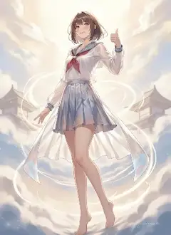 Having successfully synchronized with the energy of the heavens, she smiles shyly and gives a thumbs-up.