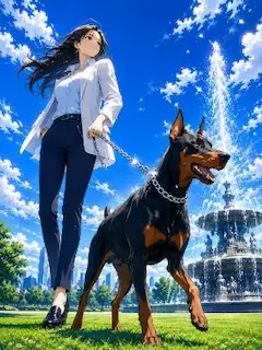 噴水の輝く公園で、彼女と愛犬の散歩