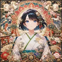 桜と灯籠に包まれる着物少女