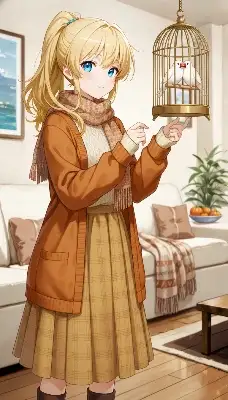 冬の部屋で小鳥の恋を眺める少女