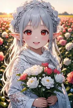 朝焼けの花畑で微笑むエルフの少女