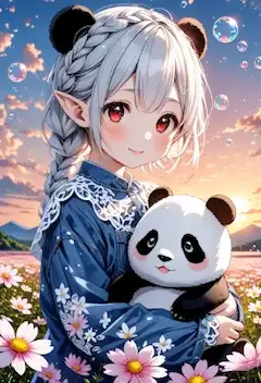 パンダ耳少女と夕陽の花畑