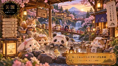 ぬいぐるみたちの桜温泉の休息