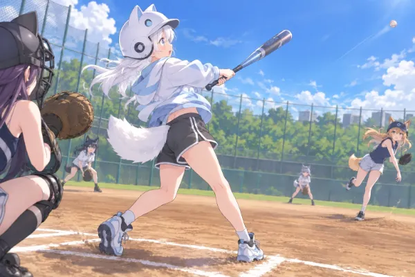 白狐のバットが夏空を切る