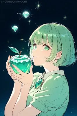 エメラルドアップルを見つめる緑髪の少女｜星空に輝く幻想ファンタジーイラスト
