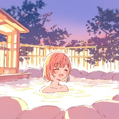 夕焼けの露天風呂で微笑む少女