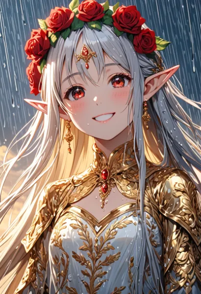 雨に咲く薔薇のエルフ姫の微笑み