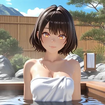 山の露天風呂で微笑む少女