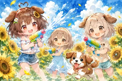 ひまわり畑の水鉄砲バトル！