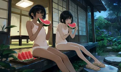 濡れ縁でスイカ