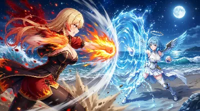 炎の戦士と水の天使、月下の激突