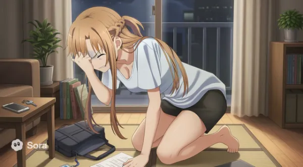 家で職場に大事なものを忘れてイライラするアスナ