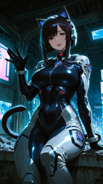 (動画)手を振り挨拶をするメカニカルスーツ猫娘