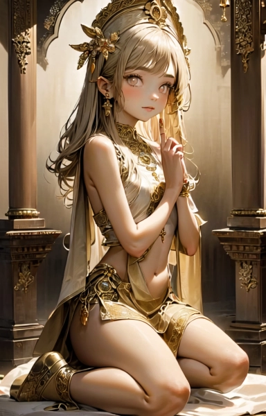 神殿で祈りを捧げる金色の髪の少女