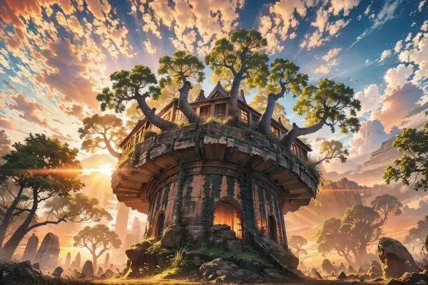 ツリーハウスと夕陽