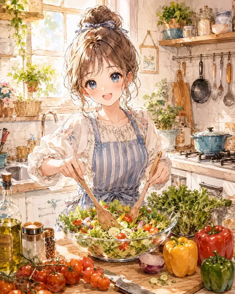 陽光キッチンで笑顔のサラダ作り。