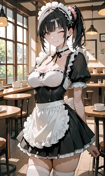 黒髪ポニーテール　メイド