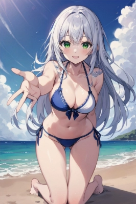 夏の海に映える少女