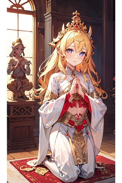 神殿で祈りを捧げる金色の髪の少女