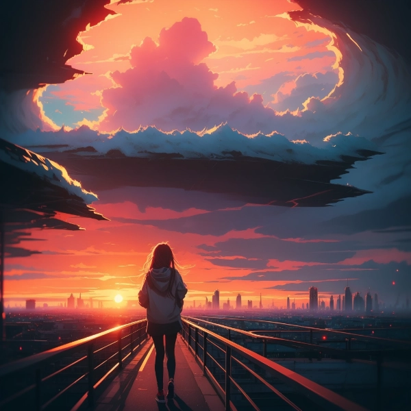 夕暮れの道を行く