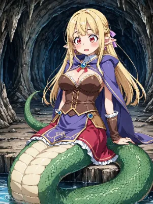 洞窟の水辺で出会う赤瞳のラミア