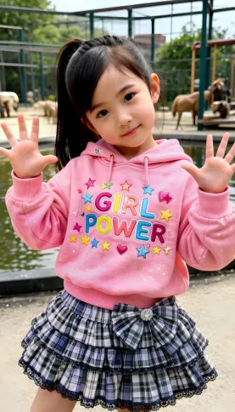 ダサロゴパーカーとチェックスカートのどうぶつ園コーデ