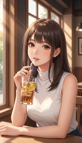 窓辺でアイスティーを飲む少女