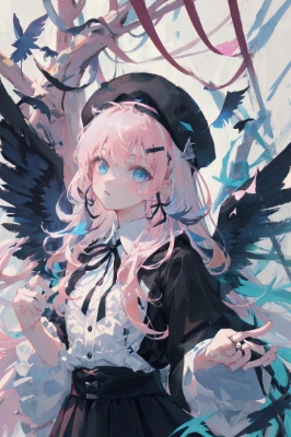 桃色髪・水色目の黒いゴスロリの女の子(天使)