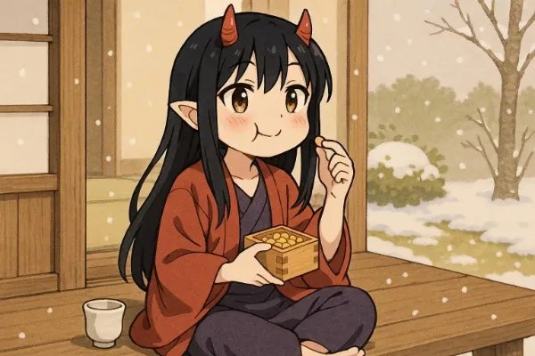 雪降る縁側で鬼娘の甘い休憩