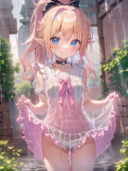 雨の濡れ透けエルフ
