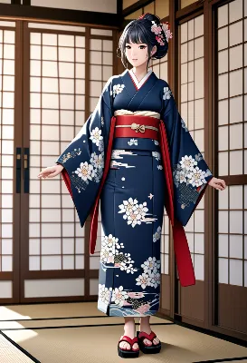 古民家で微笑む藍の着物少女