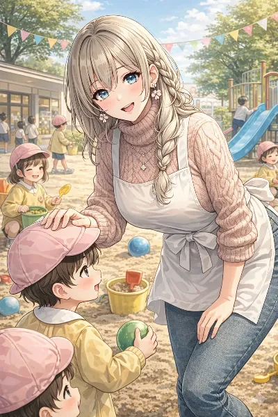 優しい先生と砂場の小さな冒険