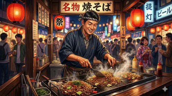 夜祭の鉄板で舞う笑顔の焼そば