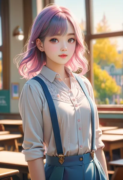 秋の教室で夢見るピンクヘアの少女