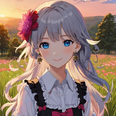 美少女と草原と夕日