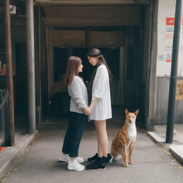 手を繋ぐ姉妹と忠実な犬