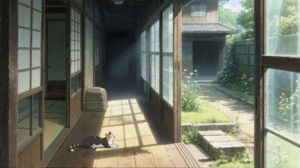 陽光の縁側に佇む黒猫