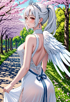 桜並木の白いドレスの女性
