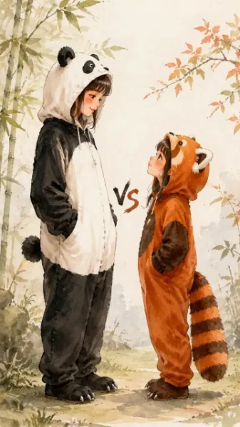 竹林のパンダとレッサーパンダの対決