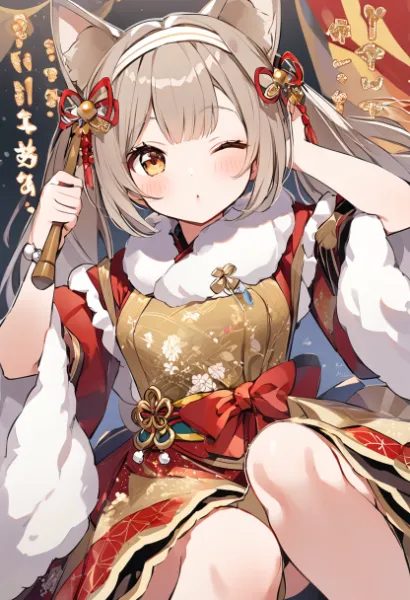 お祭り猫耳娘の輝く笑顔(ファーのモコモコ、ショール？)