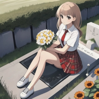 花束を供える少女