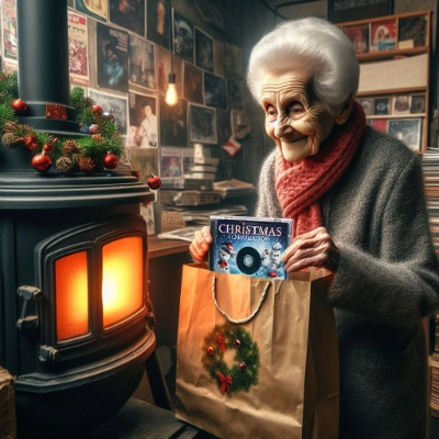 スチームストーブのある部屋でレコード屋の紙袋からクリスマスのコンピレーションのCDを取り出して控えめに嬉しそうな表情をしている