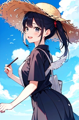 麦わら帽子と翼をつけた少女