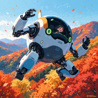 紅葉の山を駆けるロボットと少女