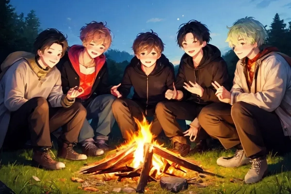 キャンプファイヤーの前で語らう男性達！！（9枚）その2