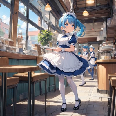 お昼の青髪ウエイトレスさん